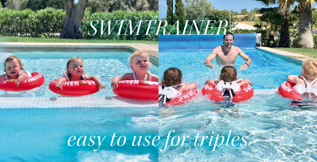 Three children using SWIMTRAINER red in the pool